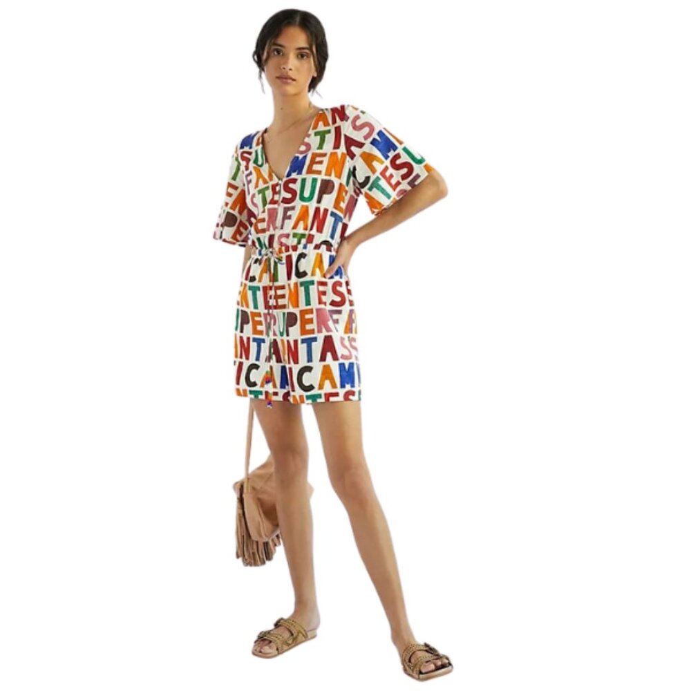 FARM RIO Cream linen letter print romper | Playful summer vibe | Small